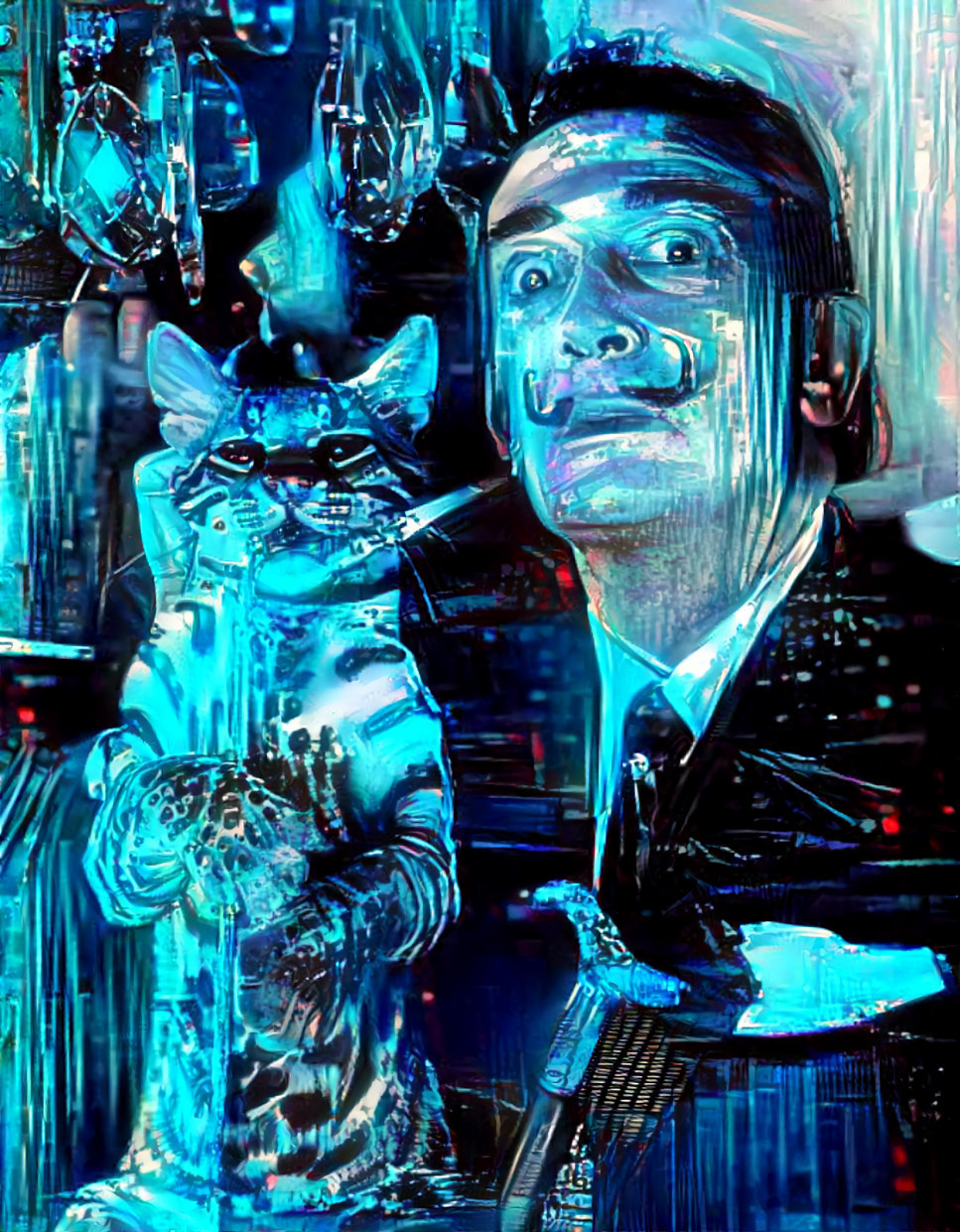 salvador dali holding a cat - blue neon version