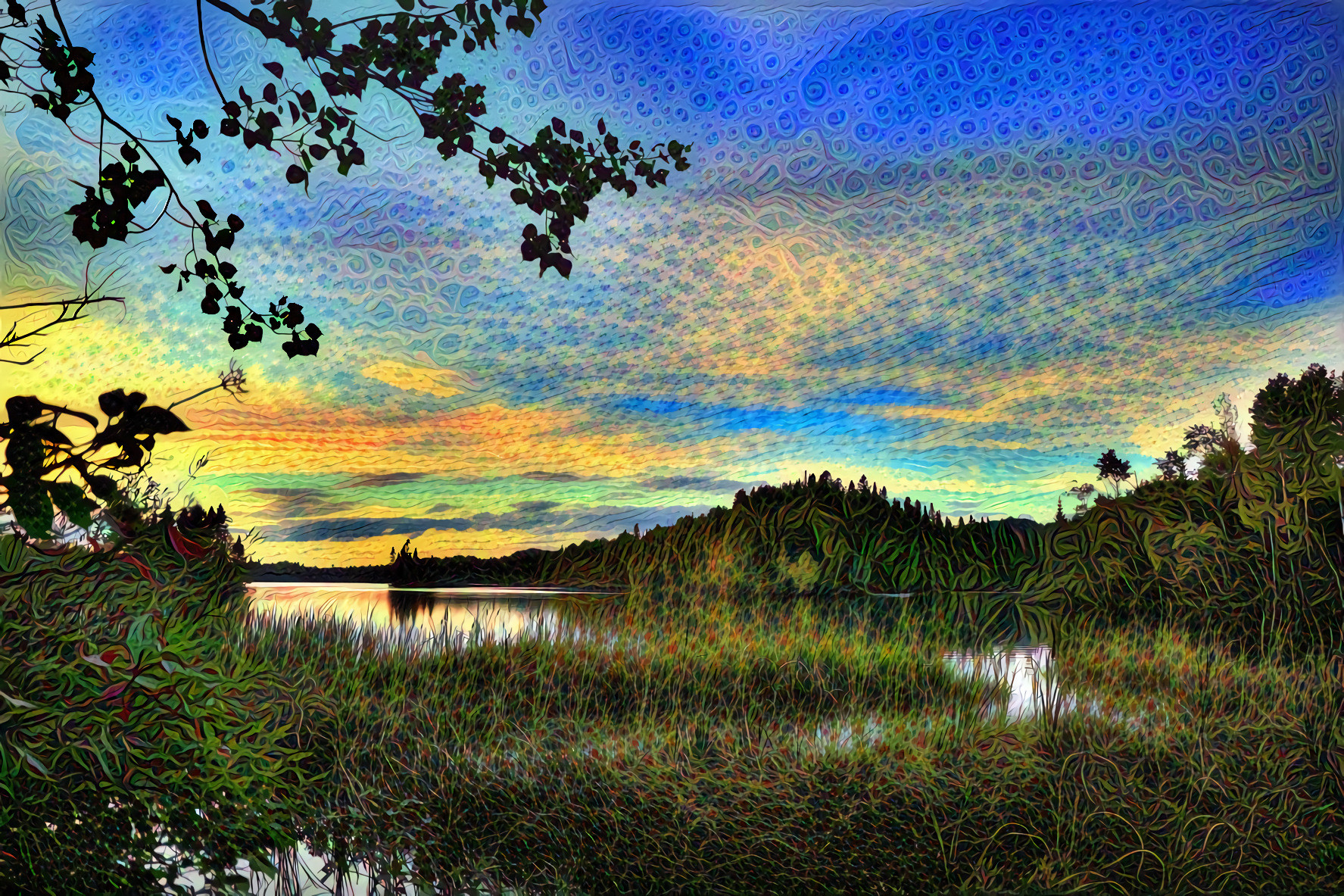 Trees, Marsh, Water, Sky