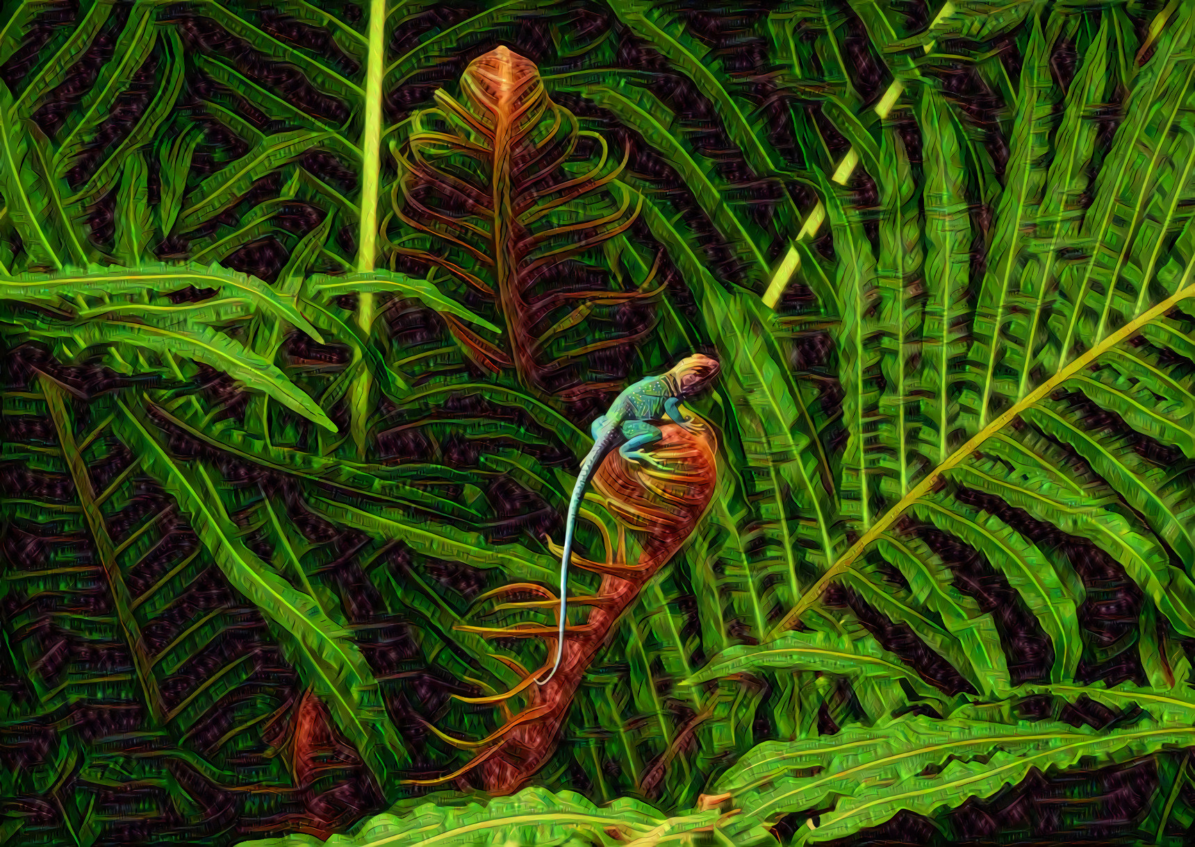 Ferns and Small Blue Lizard