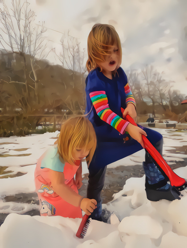 Young Southerners shovelling snow...