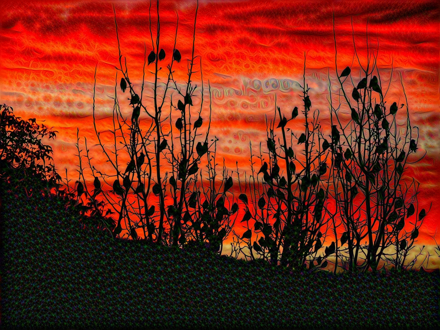 Red Sunset and Birds in the Bush...