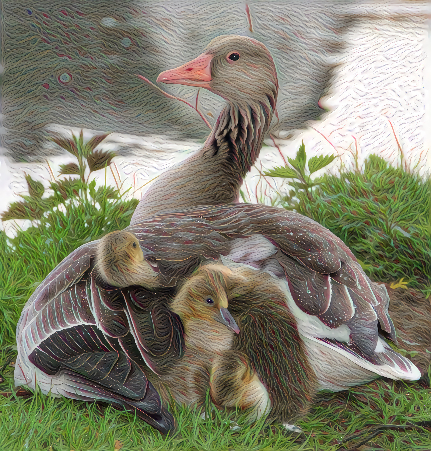 Greylag Goose chicks in Mother's Wings