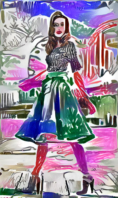 woman in dress, walks down street, felt pens