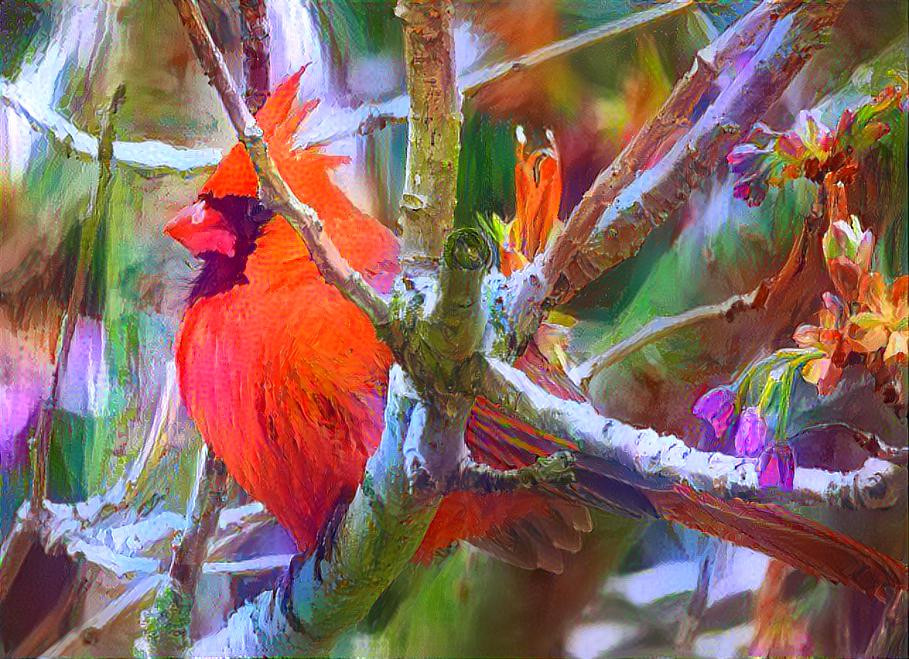 Gleaming, Red Cardinal - Hiding in a Tree