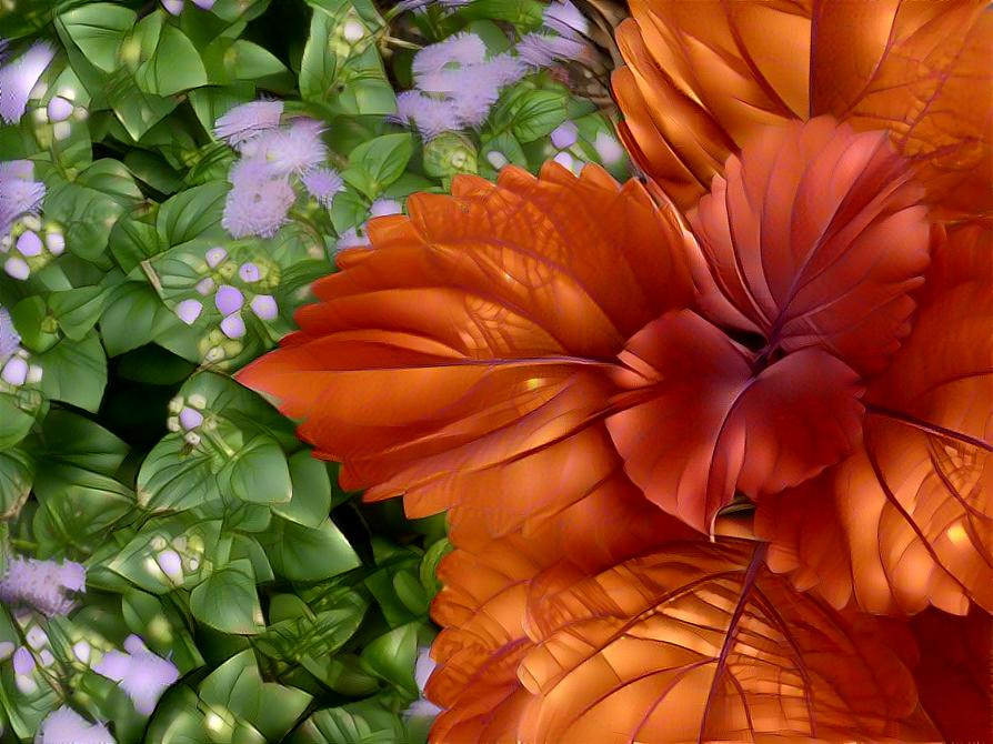 Copper leaves and purple flowers