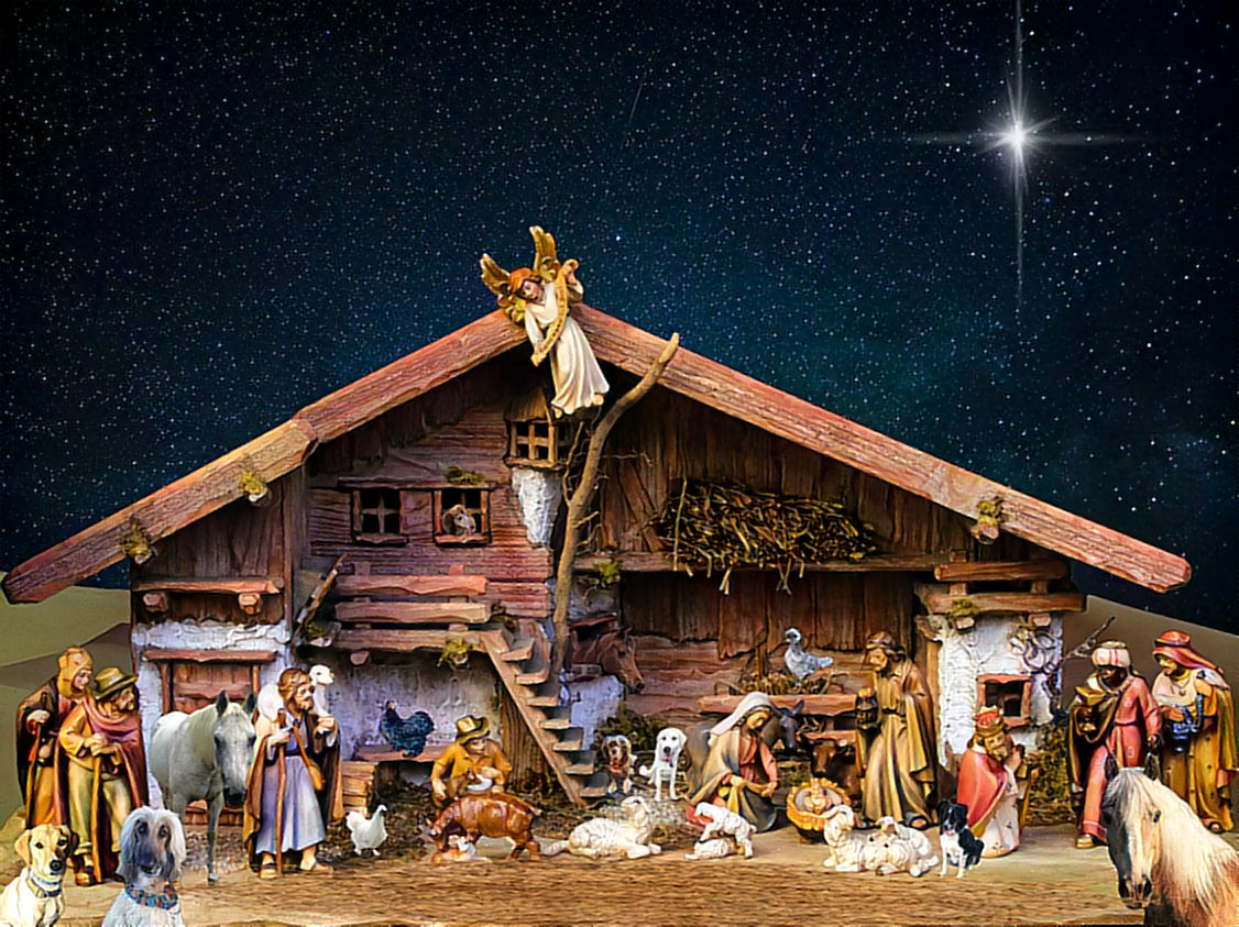 My best friend and her husband wanted a nativity scene with her animals in it for their Christmas card so made this. I added their six dogs, three horses and three chickens. I hope they like it.