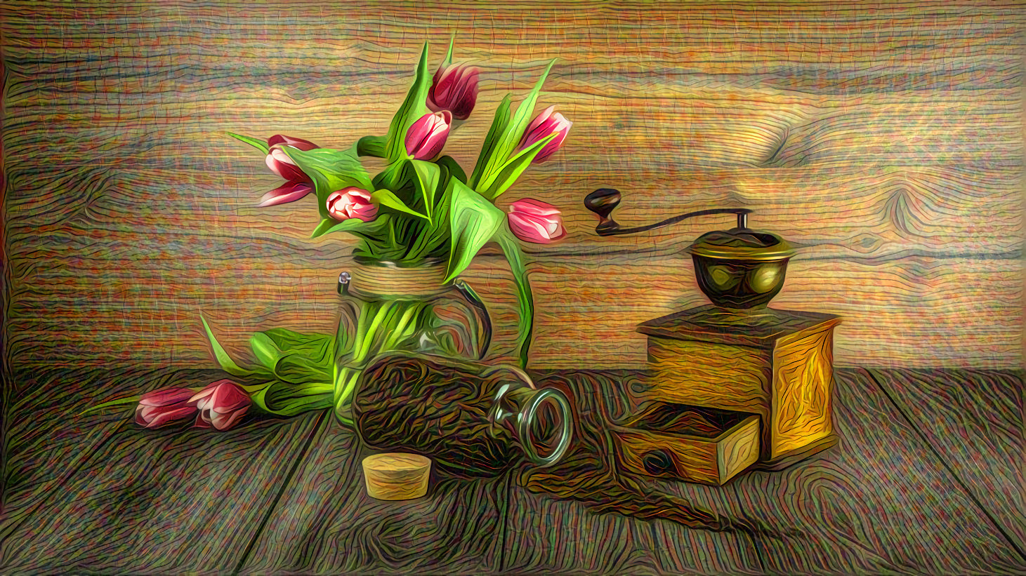 Antique Coffee Grinder and Tulips