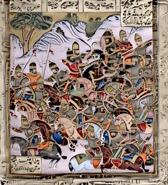 Rustam and the soldiers of Iran fight the Tûrânians.