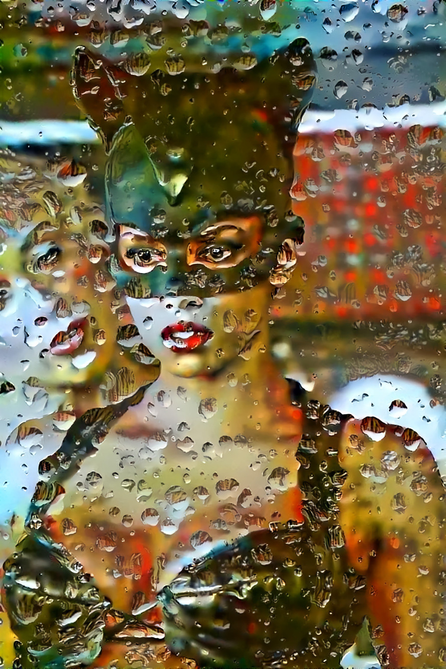 catwoman, through rainy window