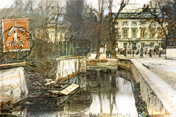 Old canal of Mussy-sur-Seine with Anton Pieck style