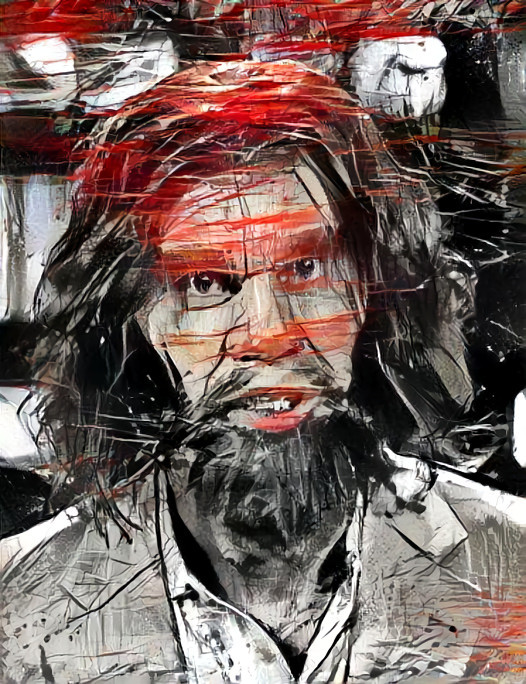 caveman, black & white, red streaks