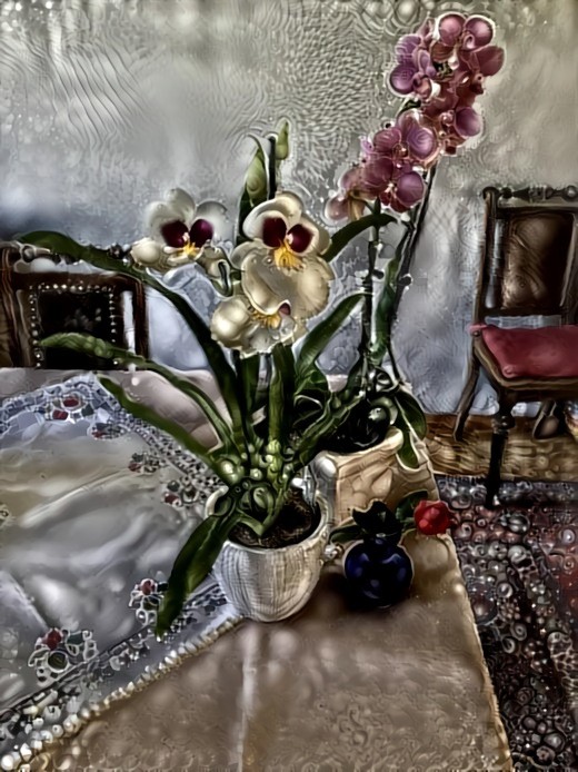 Orchids and a little red rose I-01