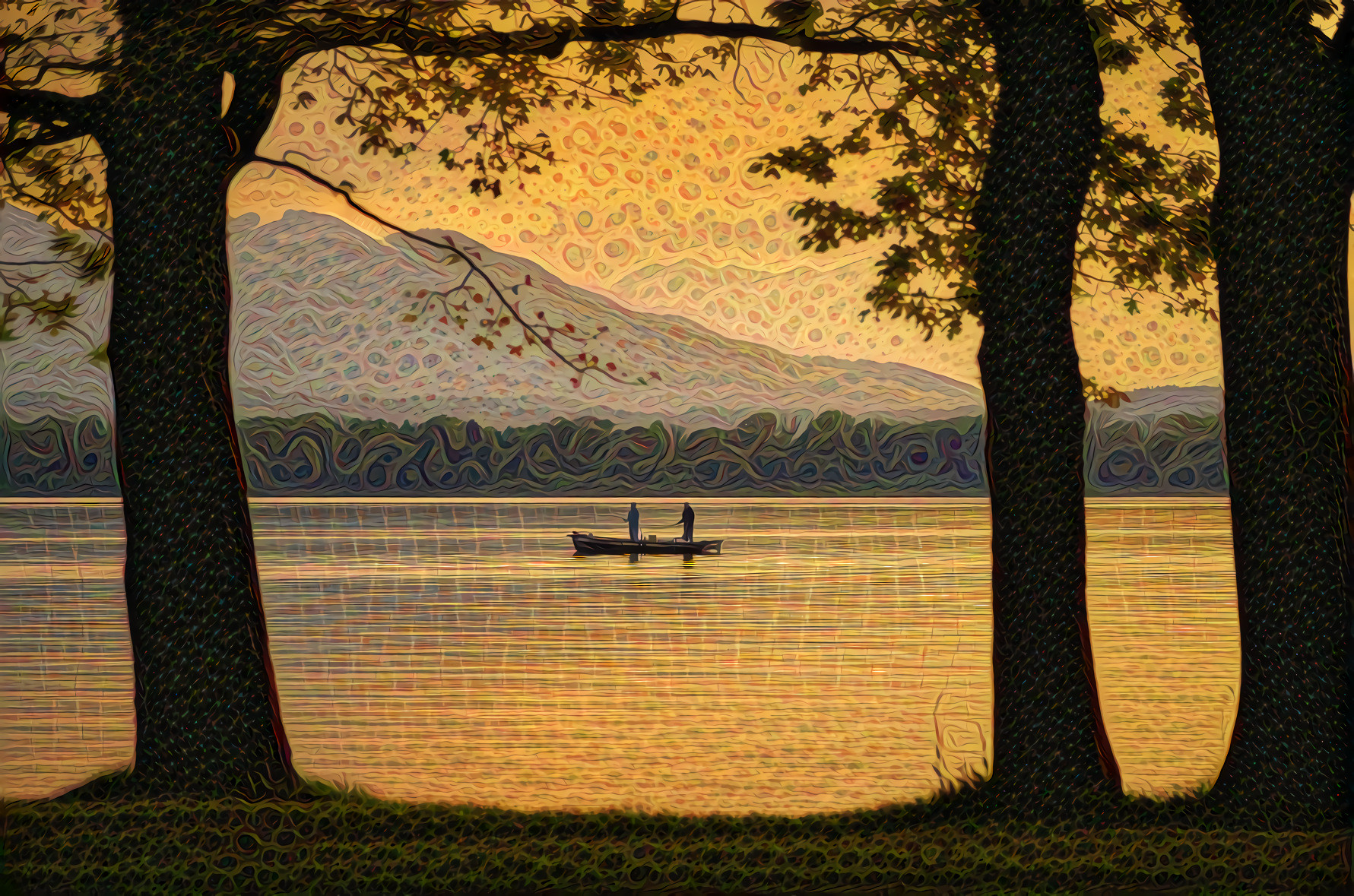 Lake, Mounains, Fishermen