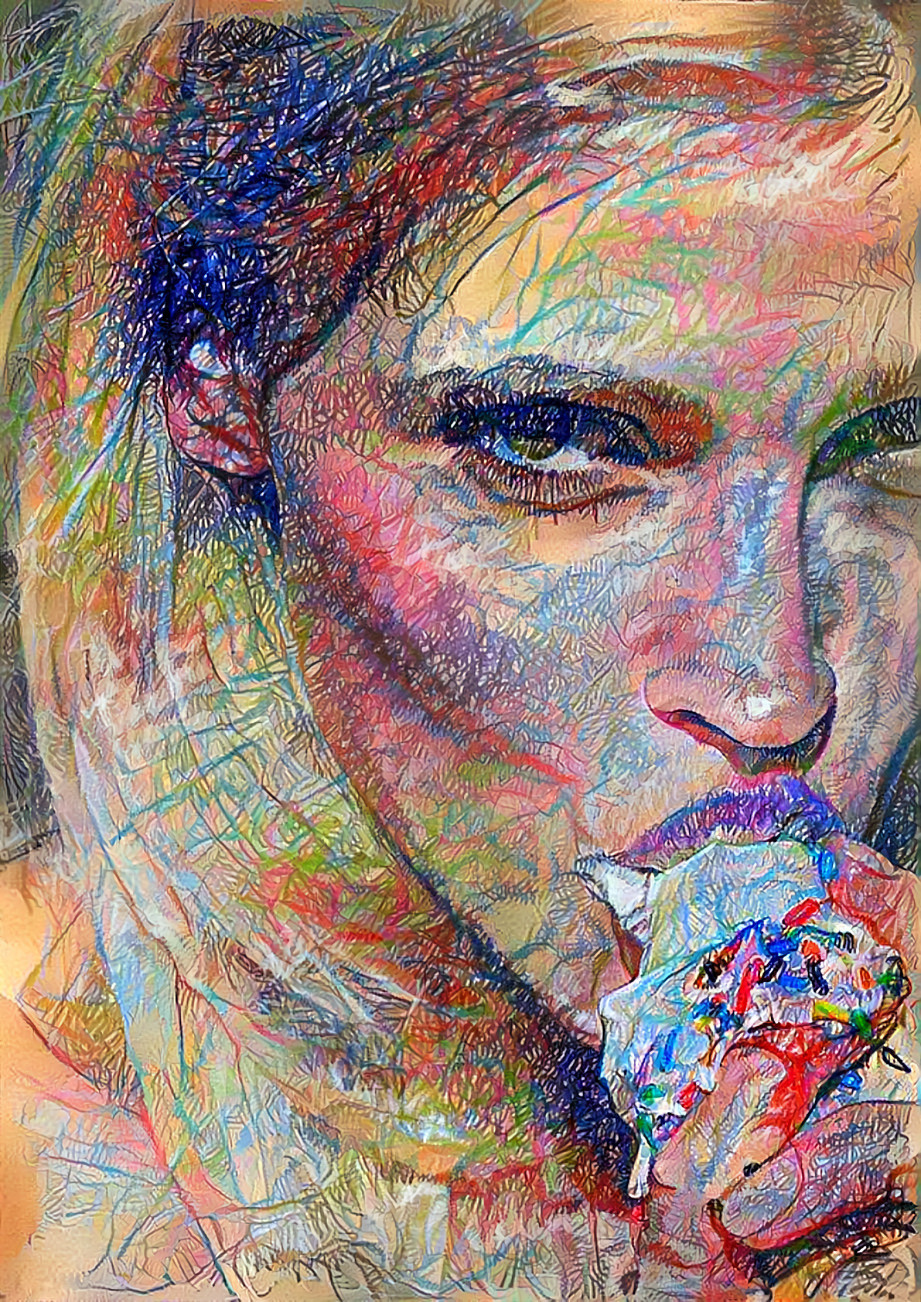 model seriously enjoys ice cream, colored pencils