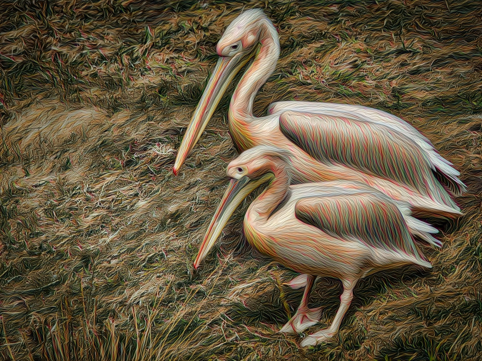 Pelicans in the Grass