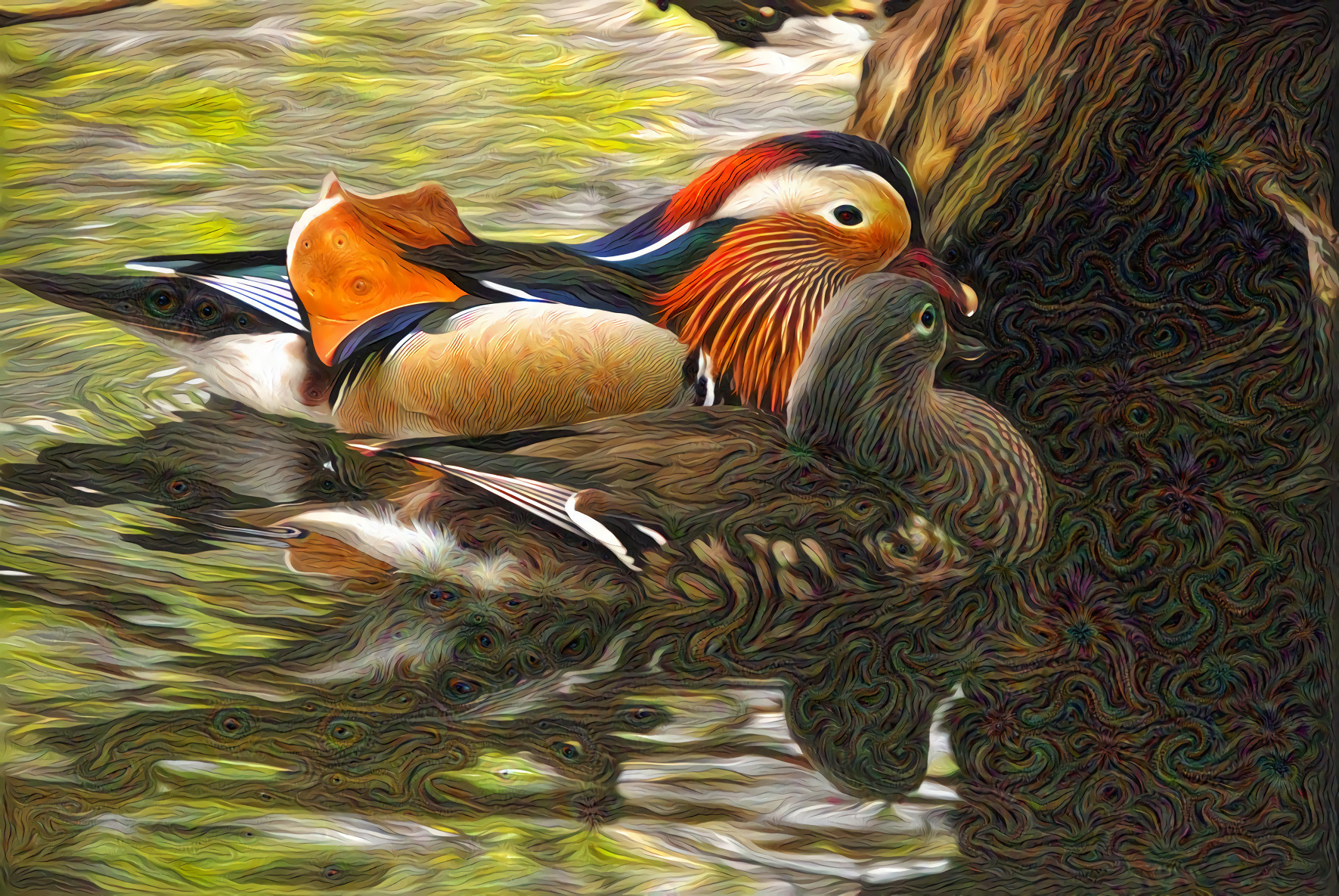 Mandarin Ducks Swimming in the Dark