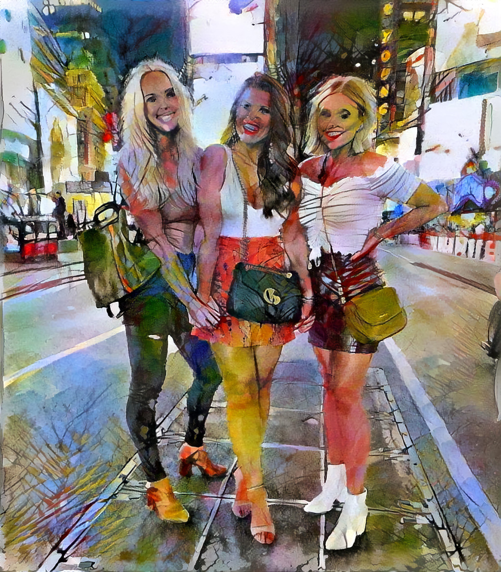 3 models, out on the town, posing, painting