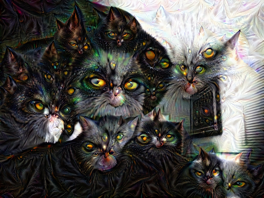 When the sun goes down, and the moon comes up- I turn into a teenage goo goo muck! Yeah, I cruise through the city and I roam the street- Looking for something that is nice to eat. ~The Cramps~ Deep dream of myself using photos of our kitty as the style.