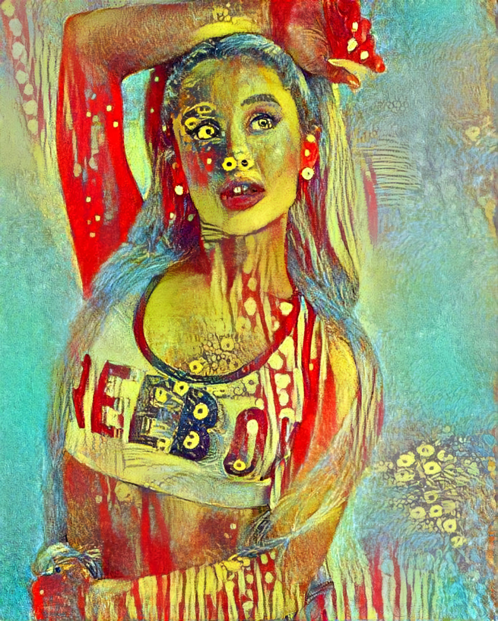 ariana grande, arm over head, looking up, painting