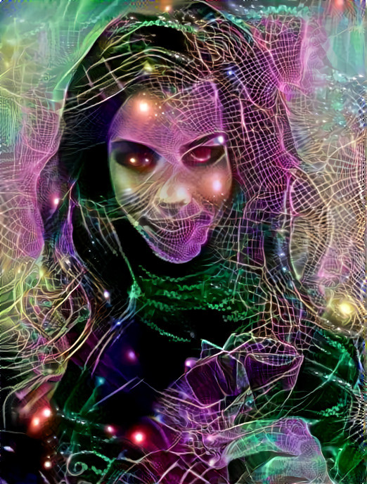 model looks into camera, swirled neon grid