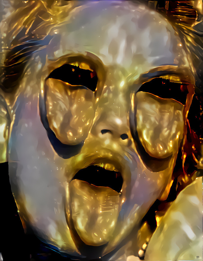 retexture, surreal art, golden statue, 3 mouths