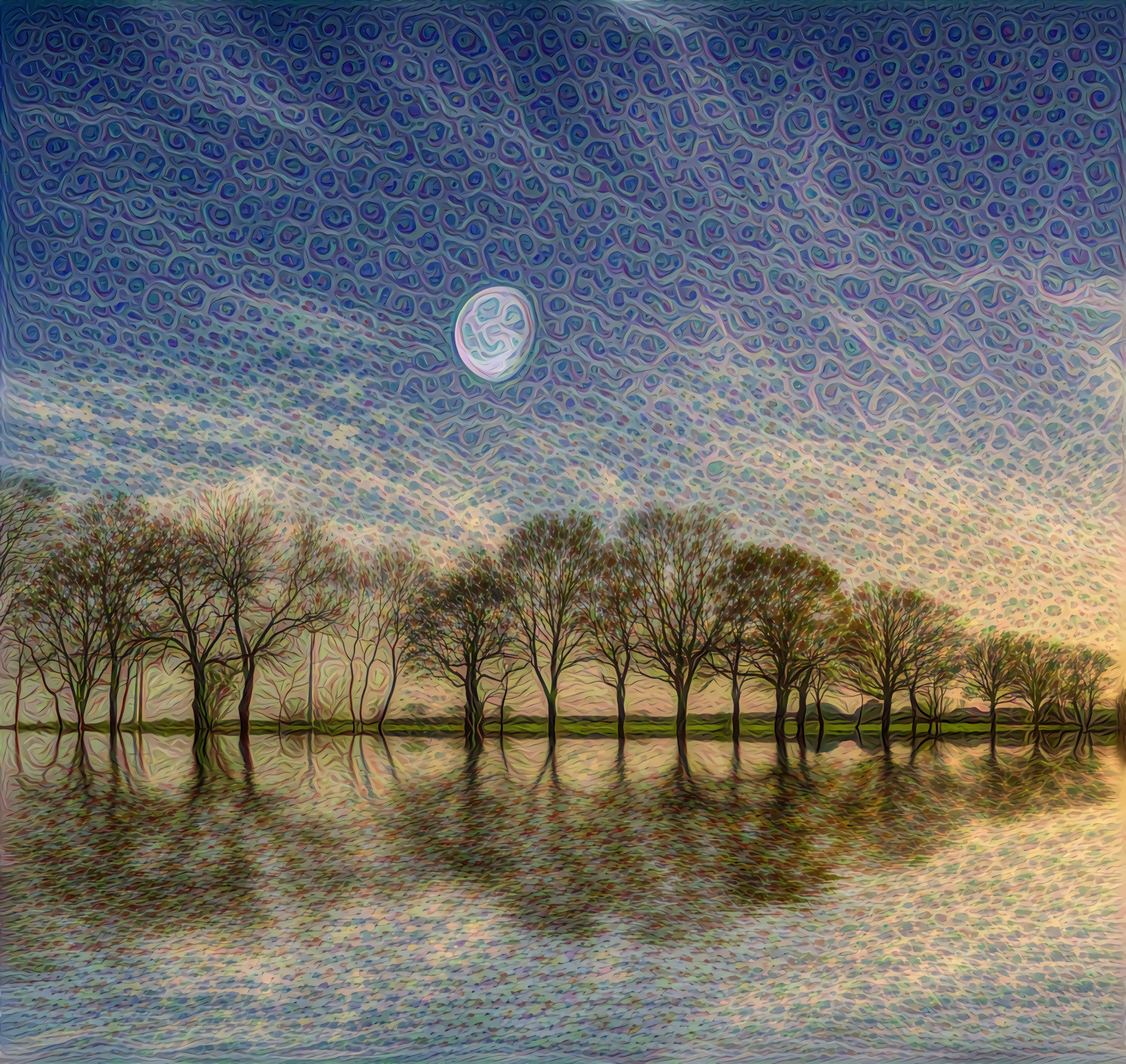 Lake, Trees, and Moon