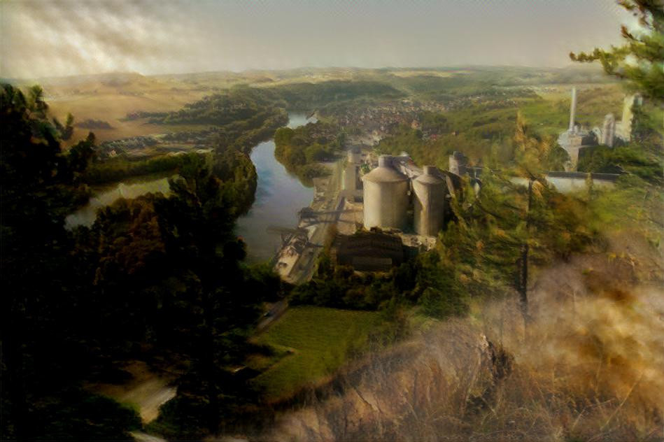 View of the river "Main" with Lengfurt and a cement works. Middle Germany, Franconia