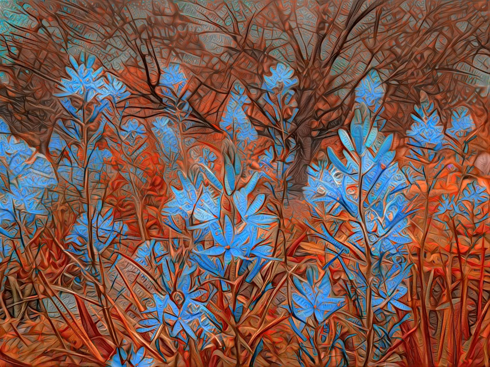 Orange Leaves and Blue Flowers