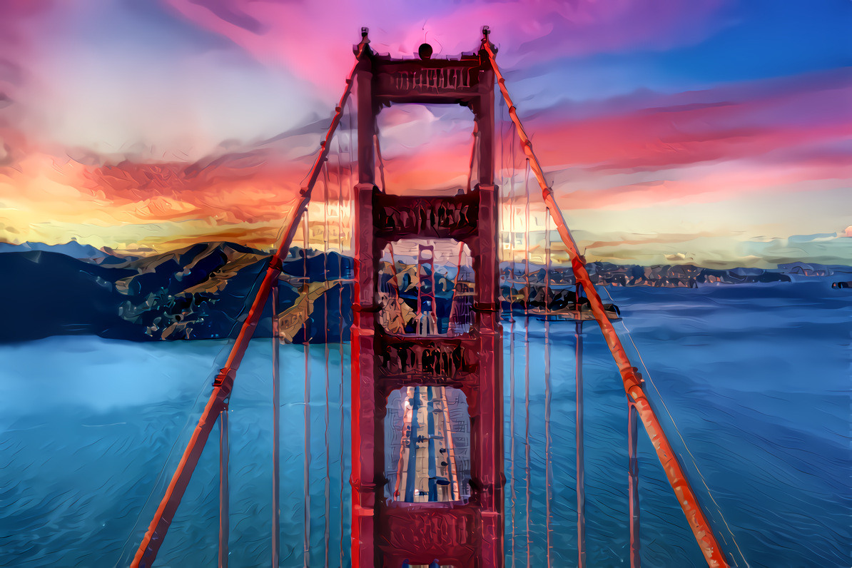 The Golden Gate Bridge, San Francisco, Looking North. Source photo is by Cameron Venti on Unsplash. The filter photo is of Vernazza Harbor, Italy, by Fabio Santaniello Bruun on Unsplash.