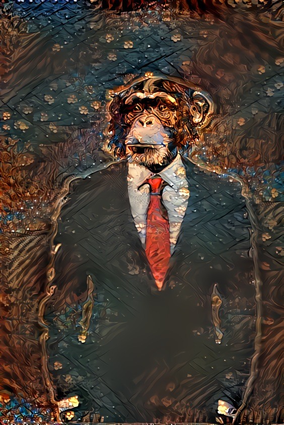 monkey wearing black business suite, red tie