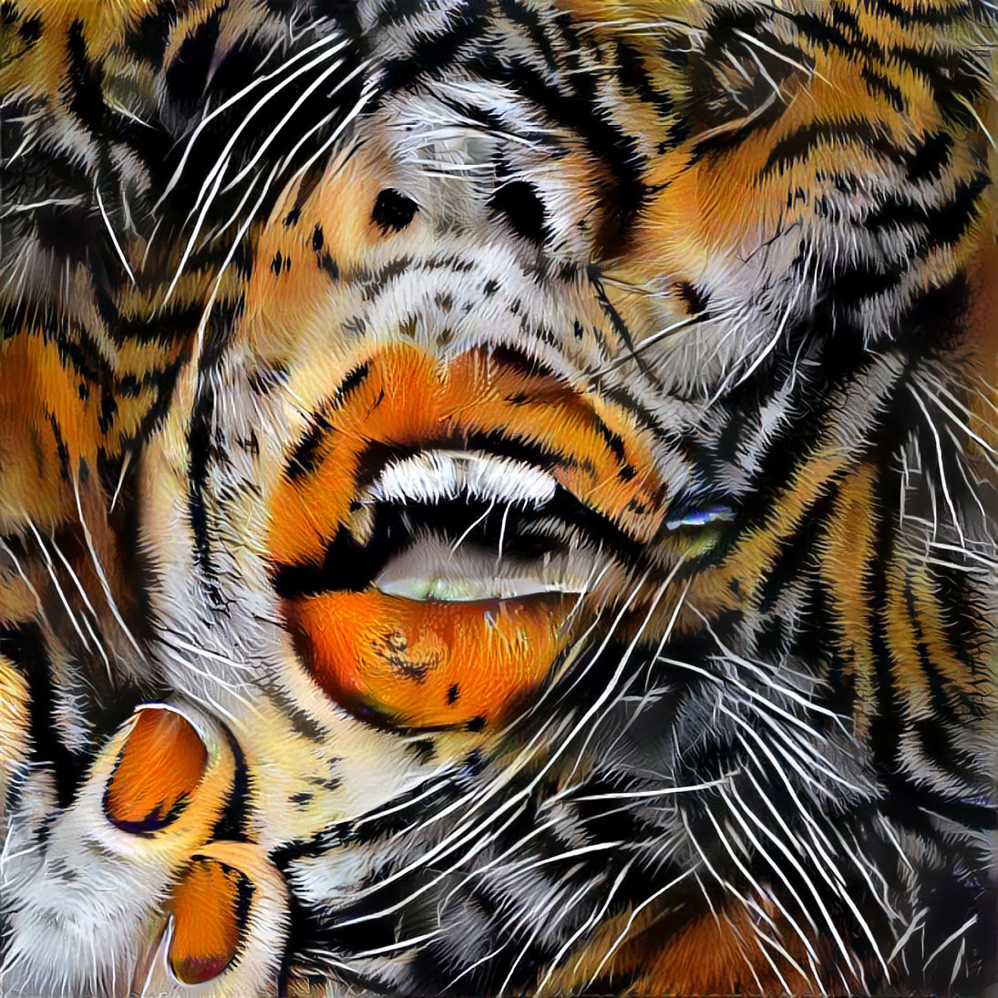 model touching chin, tiger skin