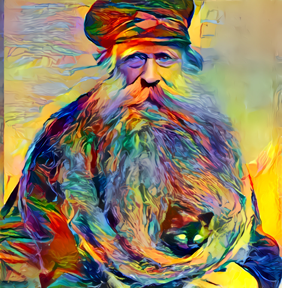 Old sea captain and his cat in a flowing multicolour beard