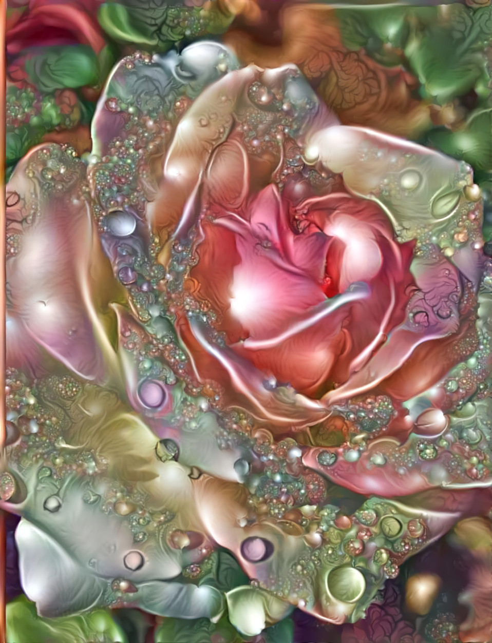 rose - water droplets, pink, white, green