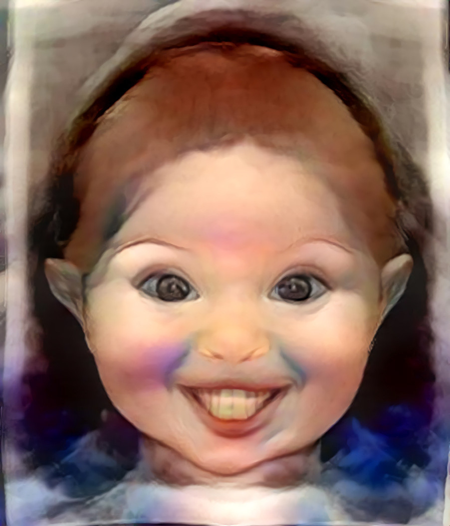 Neural net generated baby (emotion transfer) incepted with a real baby for extra details.