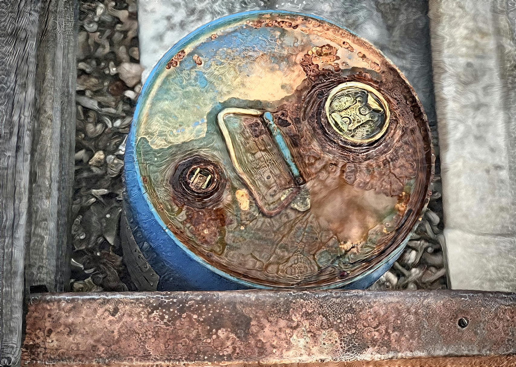 Golden-blue barrel in truck bed