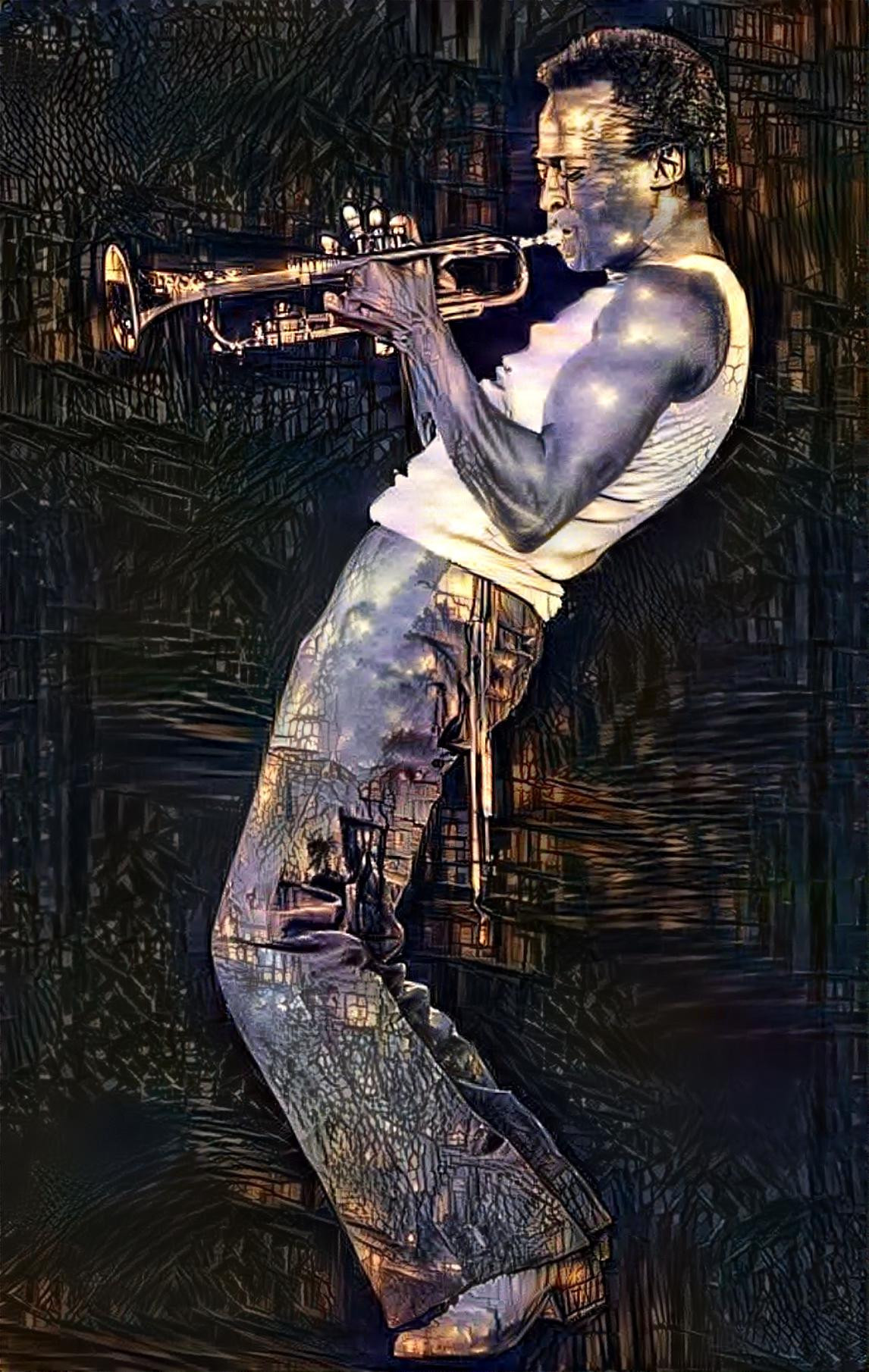 Deep Dream inspired by Miles Davis channeling Jack Johnson