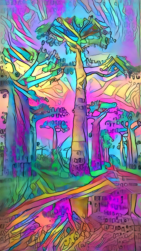 baobab trees along muddy road, psychadelic colors