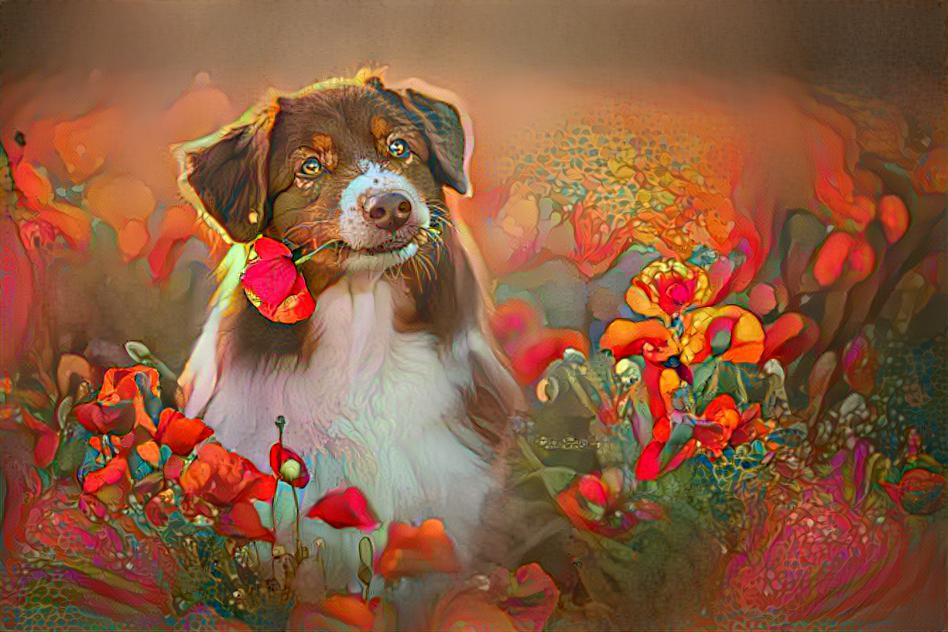 Puppy loves flowers