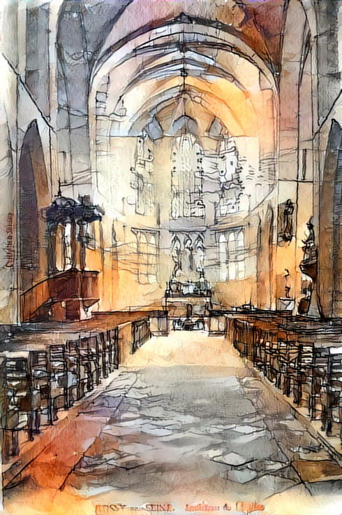 Inside an old church with a cartoon style