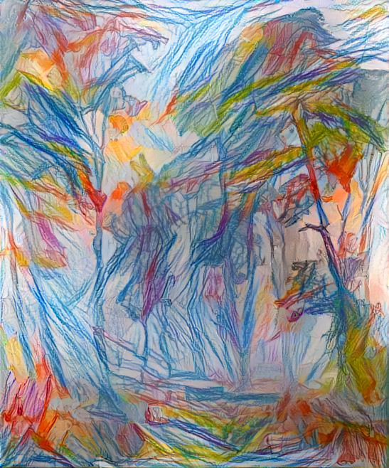 trees in rain & fog ~ crayons