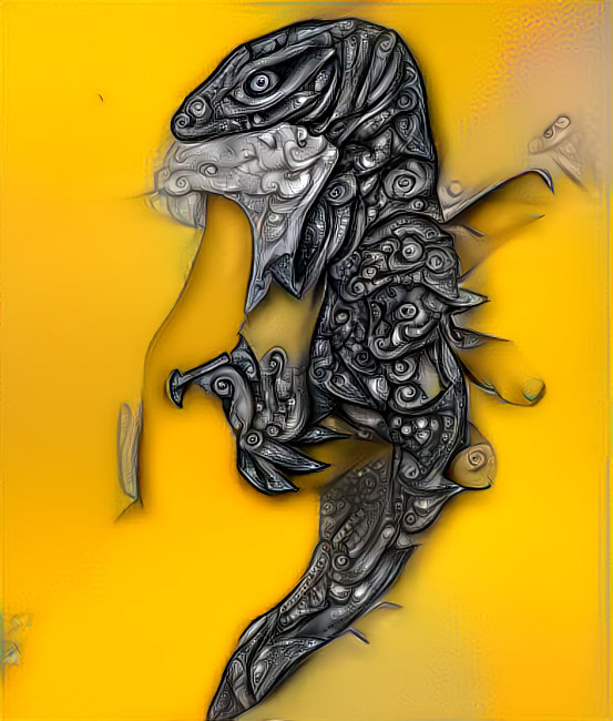 lizard retextured, grey metal on yellow background