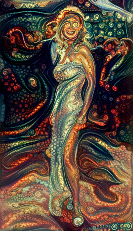 model in gown, green, brown, orange