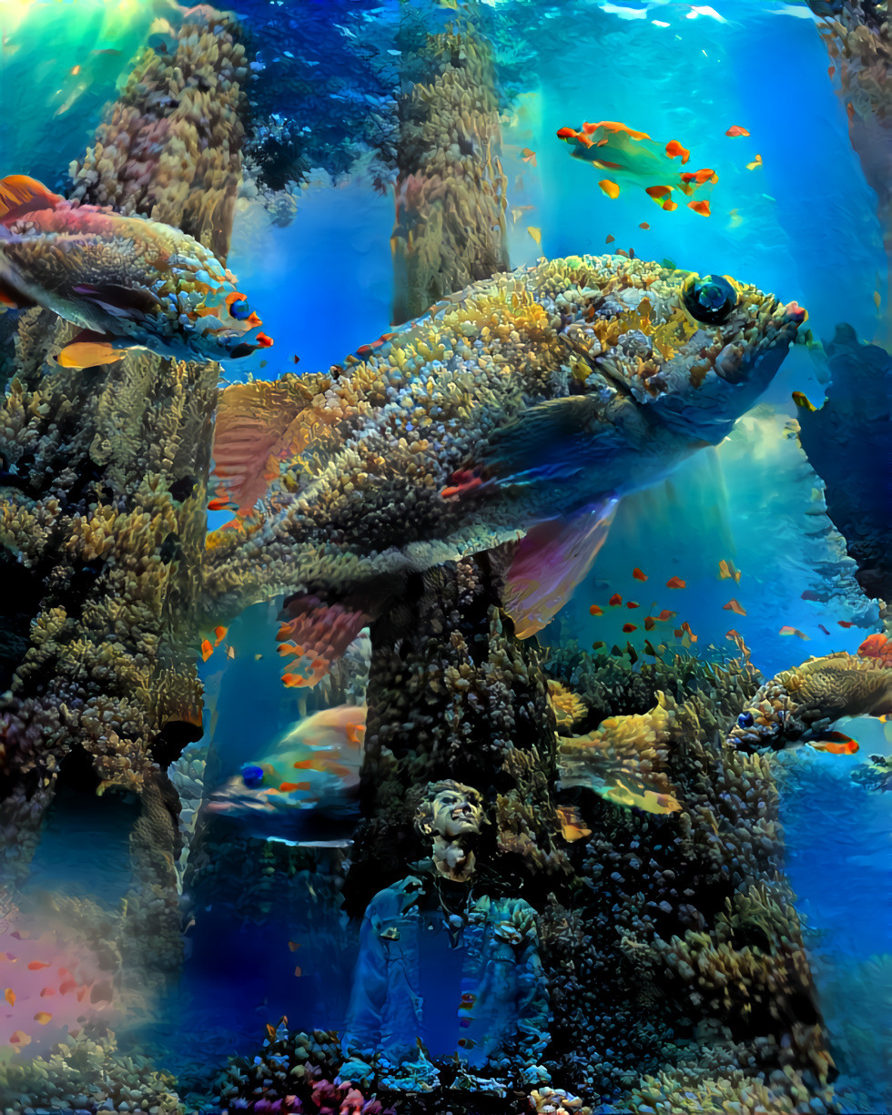 giant fish swimming in forest, underwater