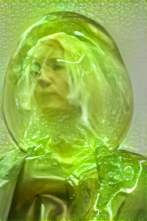 model, head stuck in lime gelatin