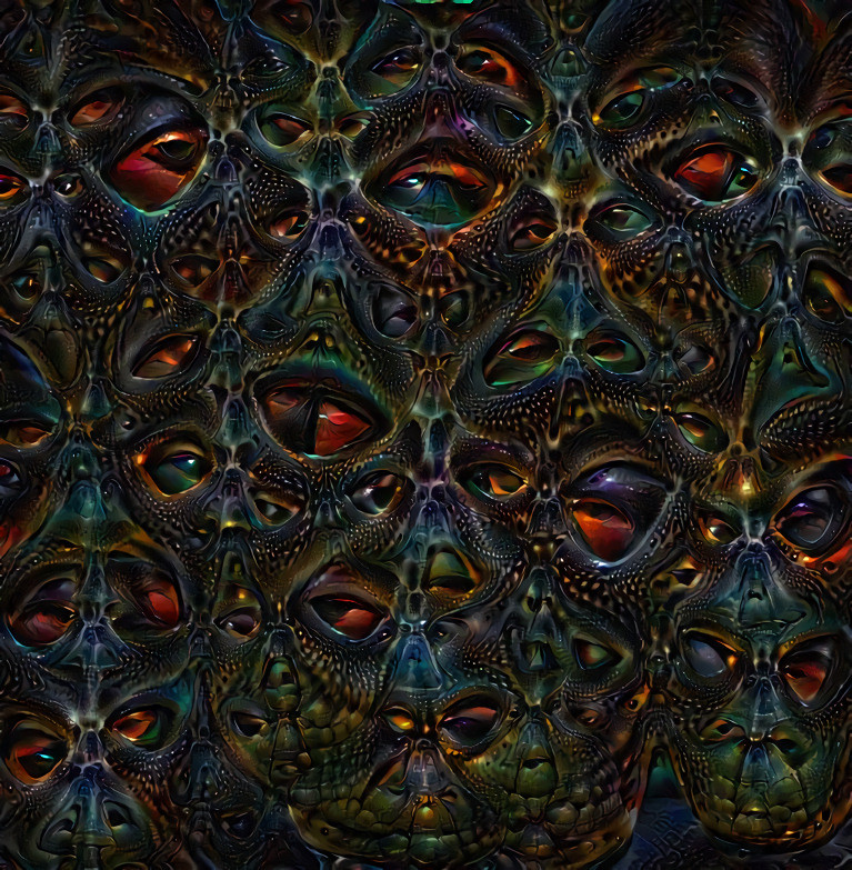 I used a black background on which I'd added a very small face for the algorithm to latch on to. This is an extra deep dream using a skull as the style. Yep.