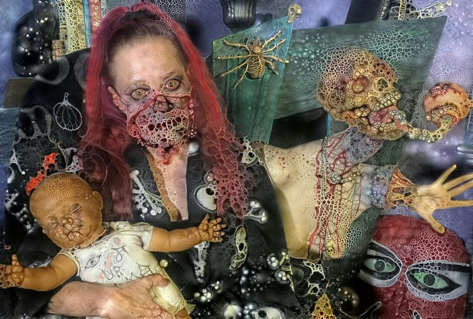 Me sporting one of my sfx makeup looks surrounded by creepy dollies and creatures I made. Wheee!