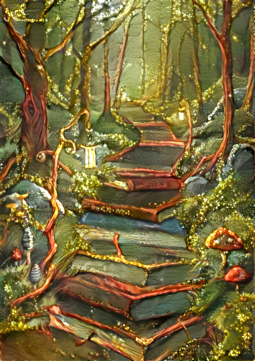 books as steps in forest, green, brown