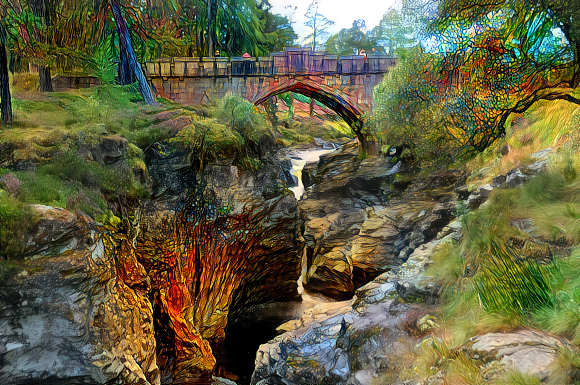 Linn of Dee, a favourite picnic spot of Queen Victoria. (Scotland near Breamar)  This short waymarked walk begins with a visit to the beautiful Linn of Dee, where the river cascades through a narrow chasm, topped by an old stone bridge.