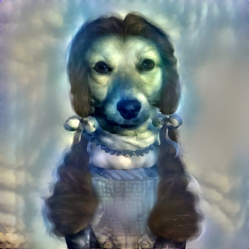 dog dressed as dorothy ~ clouds