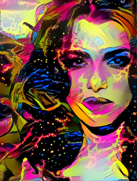 rachel weisz, neon colors, cartoon graphic